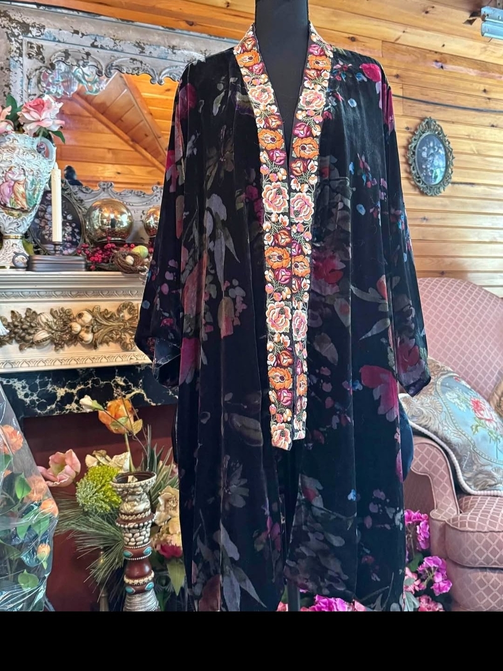 Johnny Was Black Velvet Floral Kimono with Embroidered Gold & Pink Trim